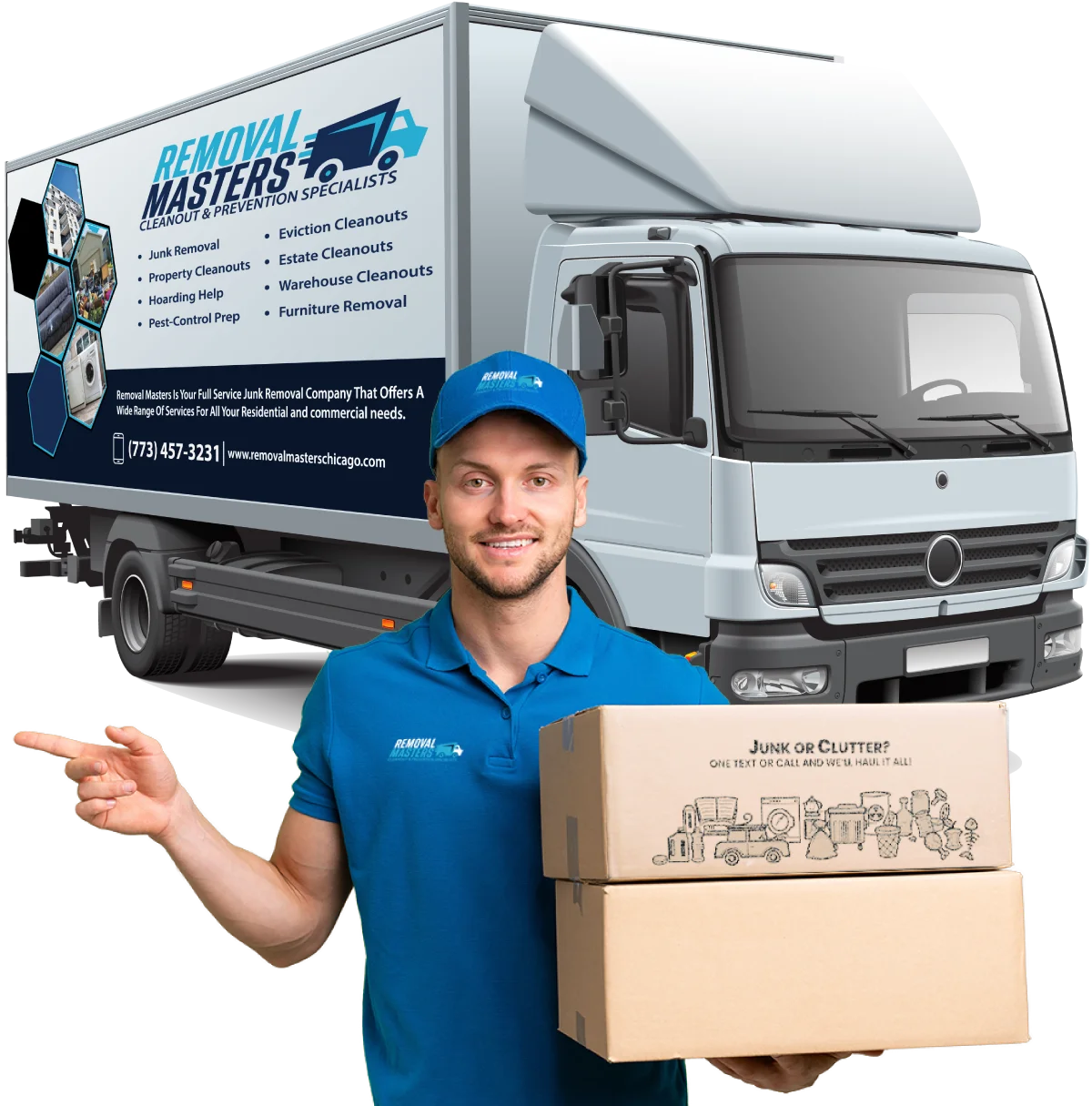 Man in Removal Masters uniform in Chicago, holding a box and pointing right, with a Removal Masters service truck in the background.